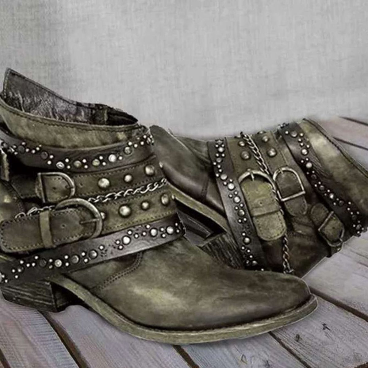 Layla | Women's Vintage Studded Buckle-Strap Western Ankle Boots