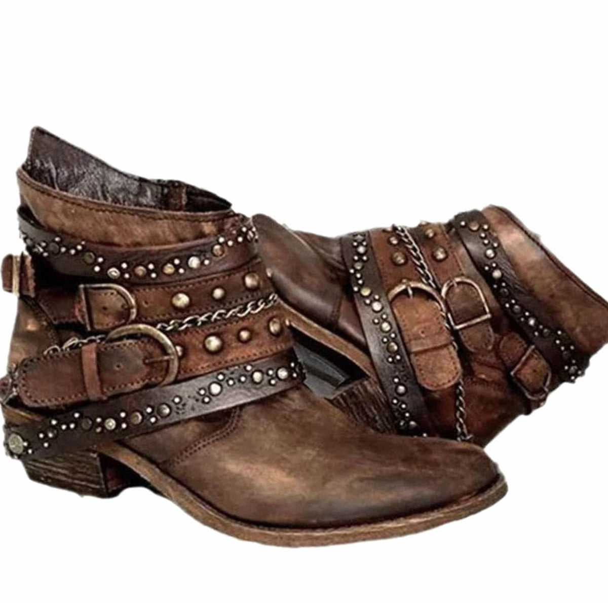 Layla | Women's Vintage Studded Buckle-Strap Western Ankle Boots
