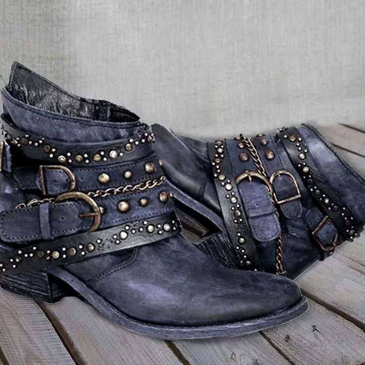 Layla | Women's Vintage Studded Buckle-Strap Western Ankle Boots