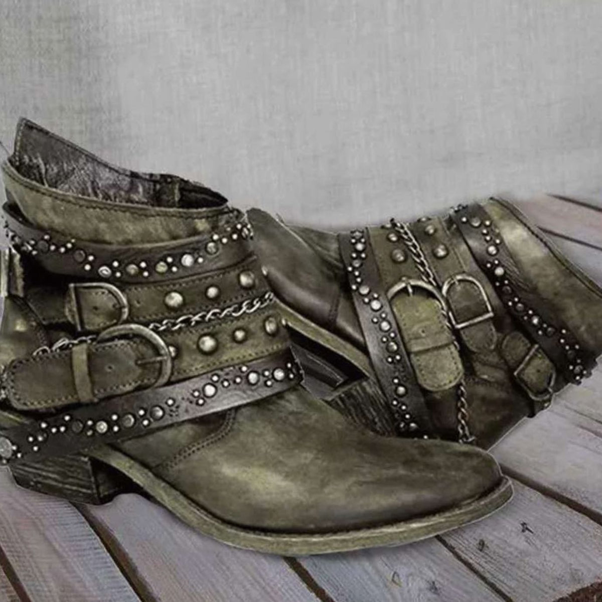 Layla | Women's Vintage Studded Buckle-Strap Western Ankle Boots