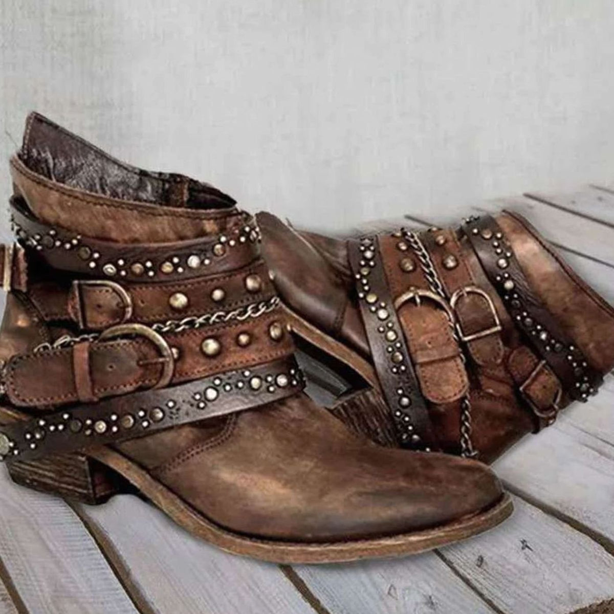 Layla | Women's Vintage Studded Buckle-Strap Western Ankle Boots