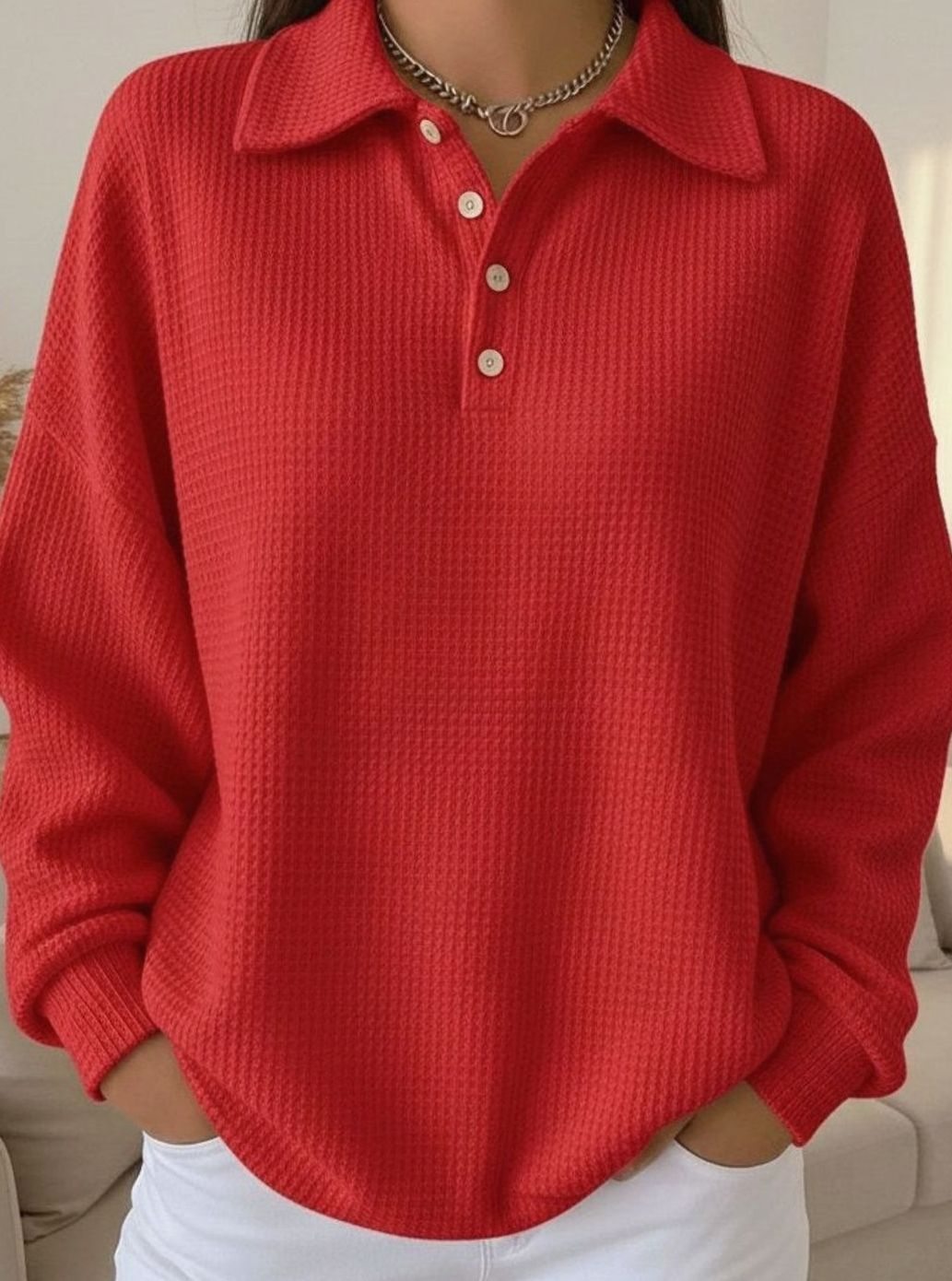 Isabella | Women's Waffle-Knit Polo Collar Button-Placket Sweater
