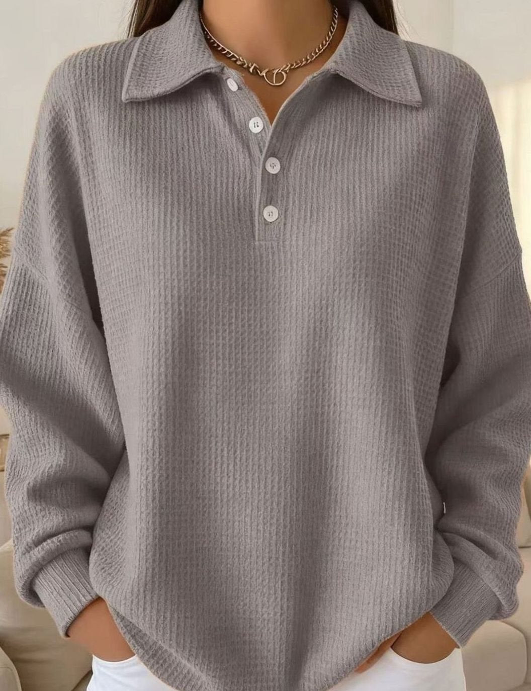 Isabella | Women's Waffle-Knit Polo Collar Button-Placket Sweater