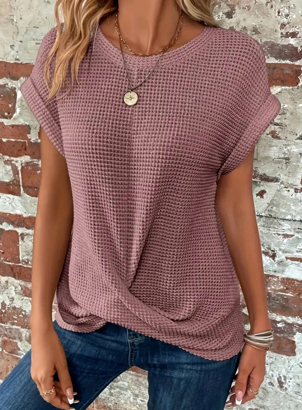 Emma | Women's Waffle-Knit Twisted-Hem Cap-Sleeve Sweater Top
