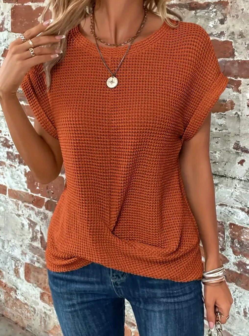 Emma | Women's Waffle-Knit Twisted-Hem Cap-Sleeve Sweater Top