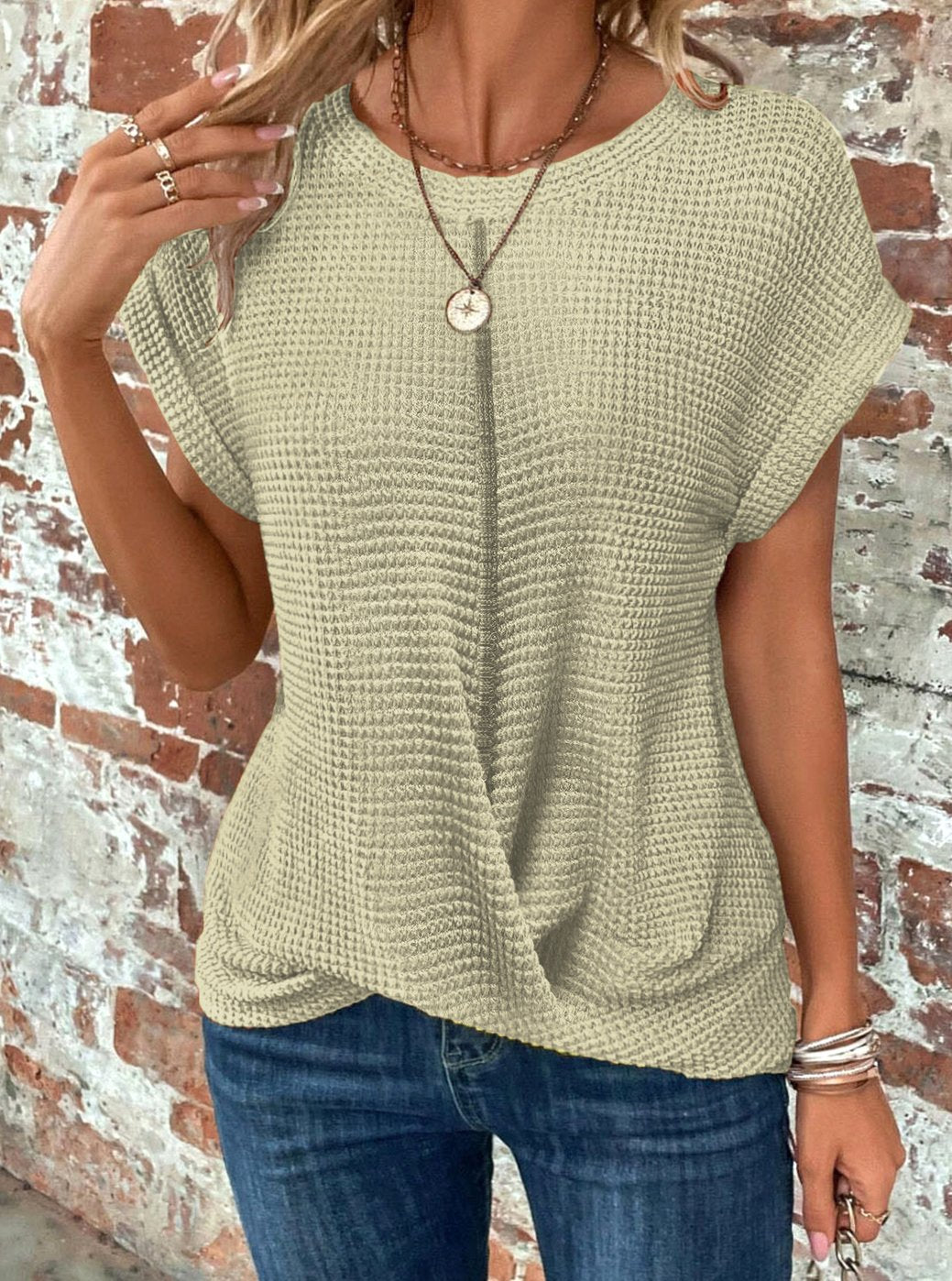 Emma | Women's Waffle-Knit Twisted-Hem Cap-Sleeve Sweater Top