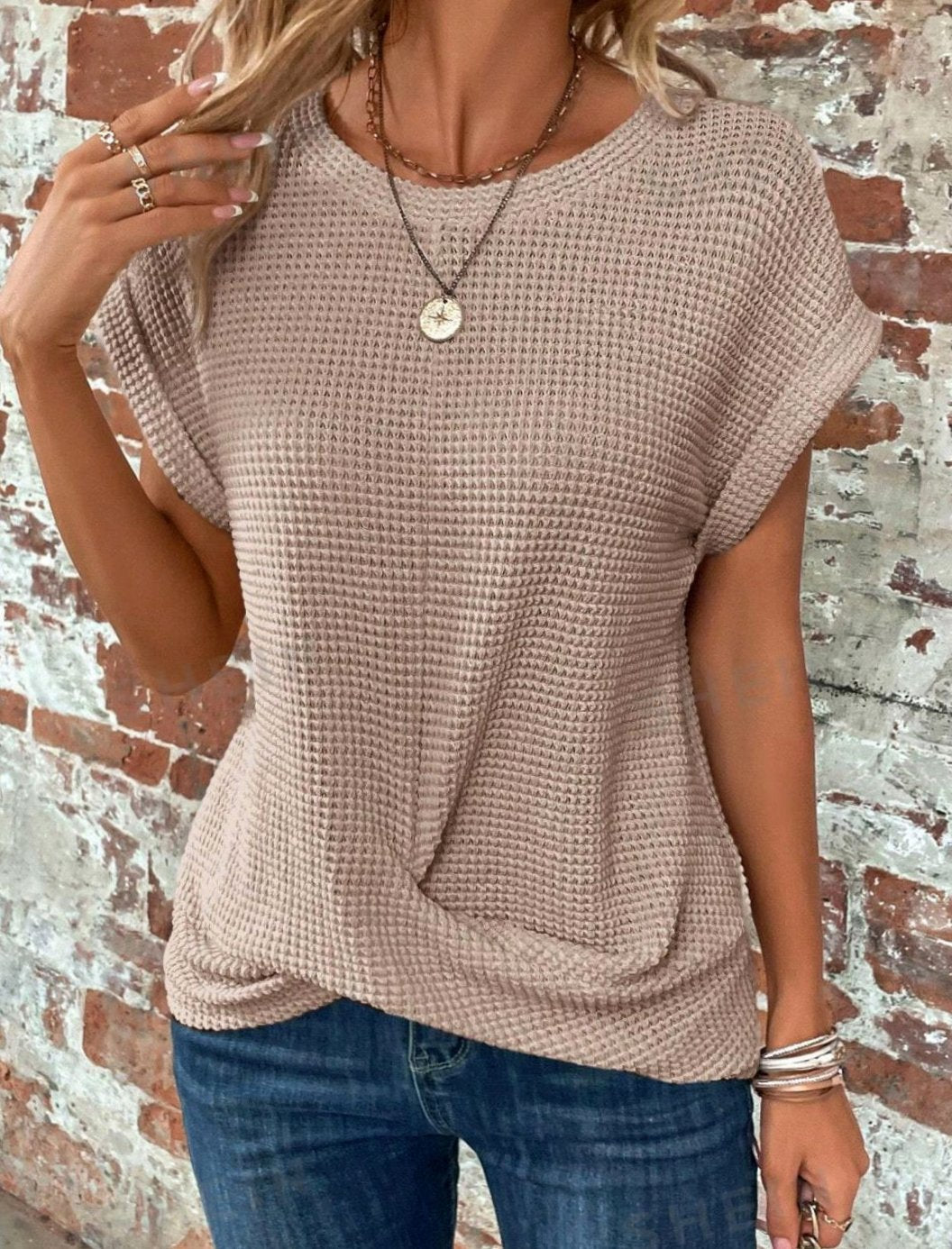 Emma | Women's Waffle-Knit Twisted-Hem Cap-Sleeve Sweater Top