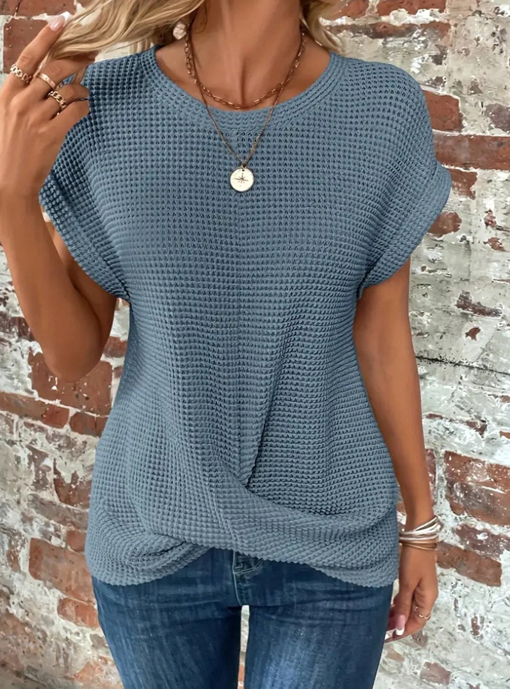 Emma | Women's Waffle-Knit Twisted-Hem Cap-Sleeve Sweater Top