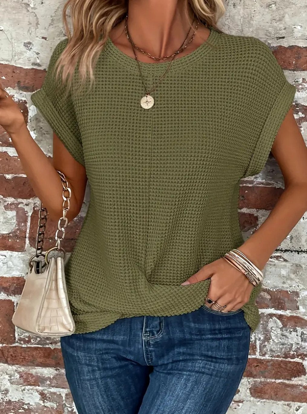 Emma | Women's Waffle-Knit Twisted-Hem Cap-Sleeve Sweater Top