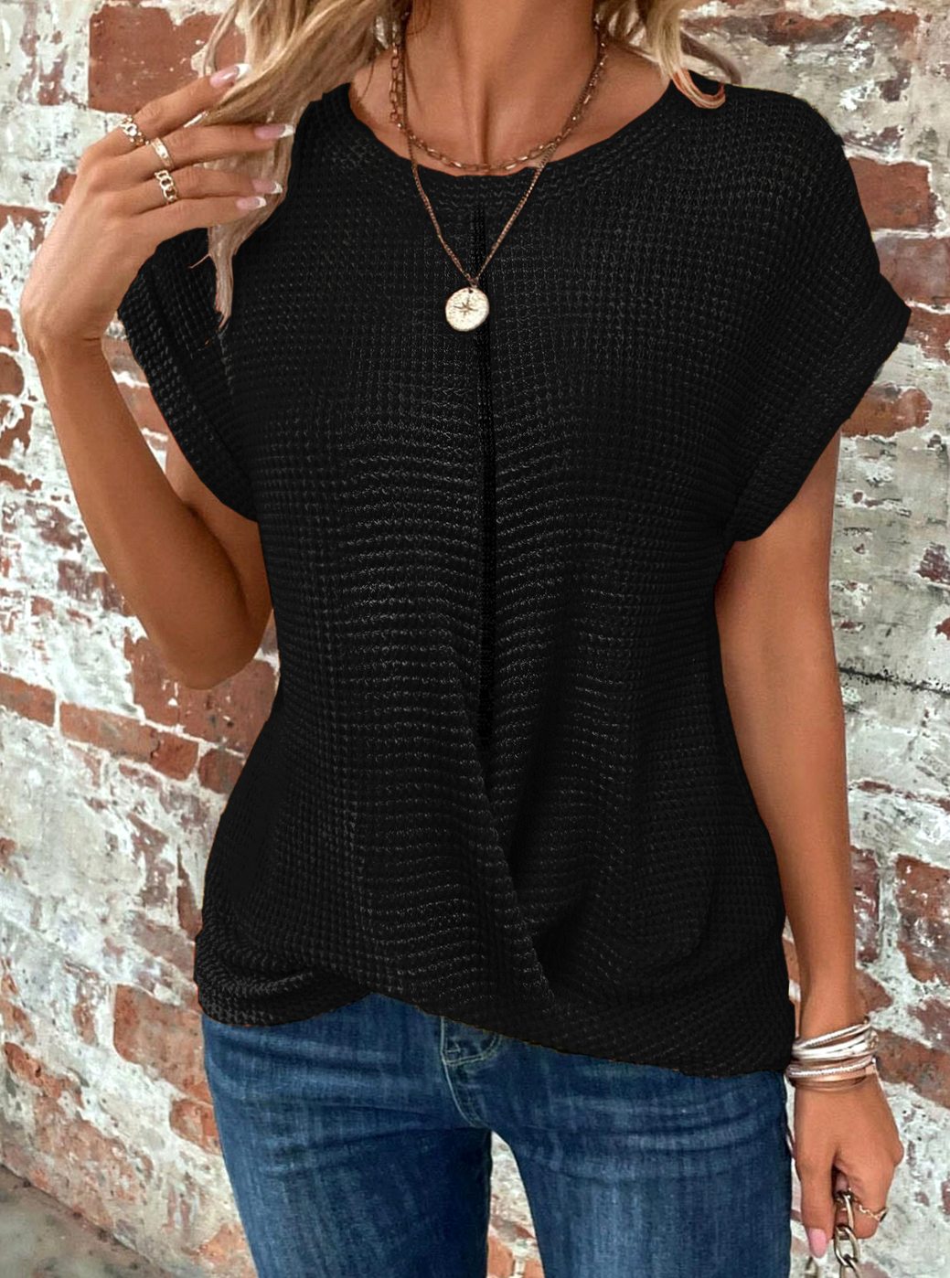 Emma | Women's Waffle-Knit Twisted-Hem Cap-Sleeve Sweater Top