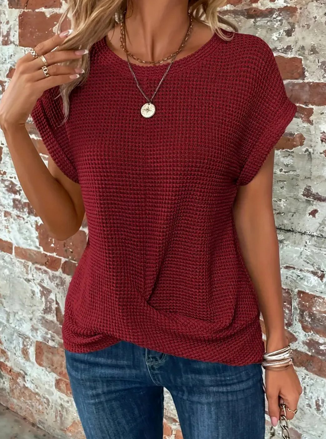 Emma | Women's Waffle-Knit Twisted-Hem Cap-Sleeve Sweater Top