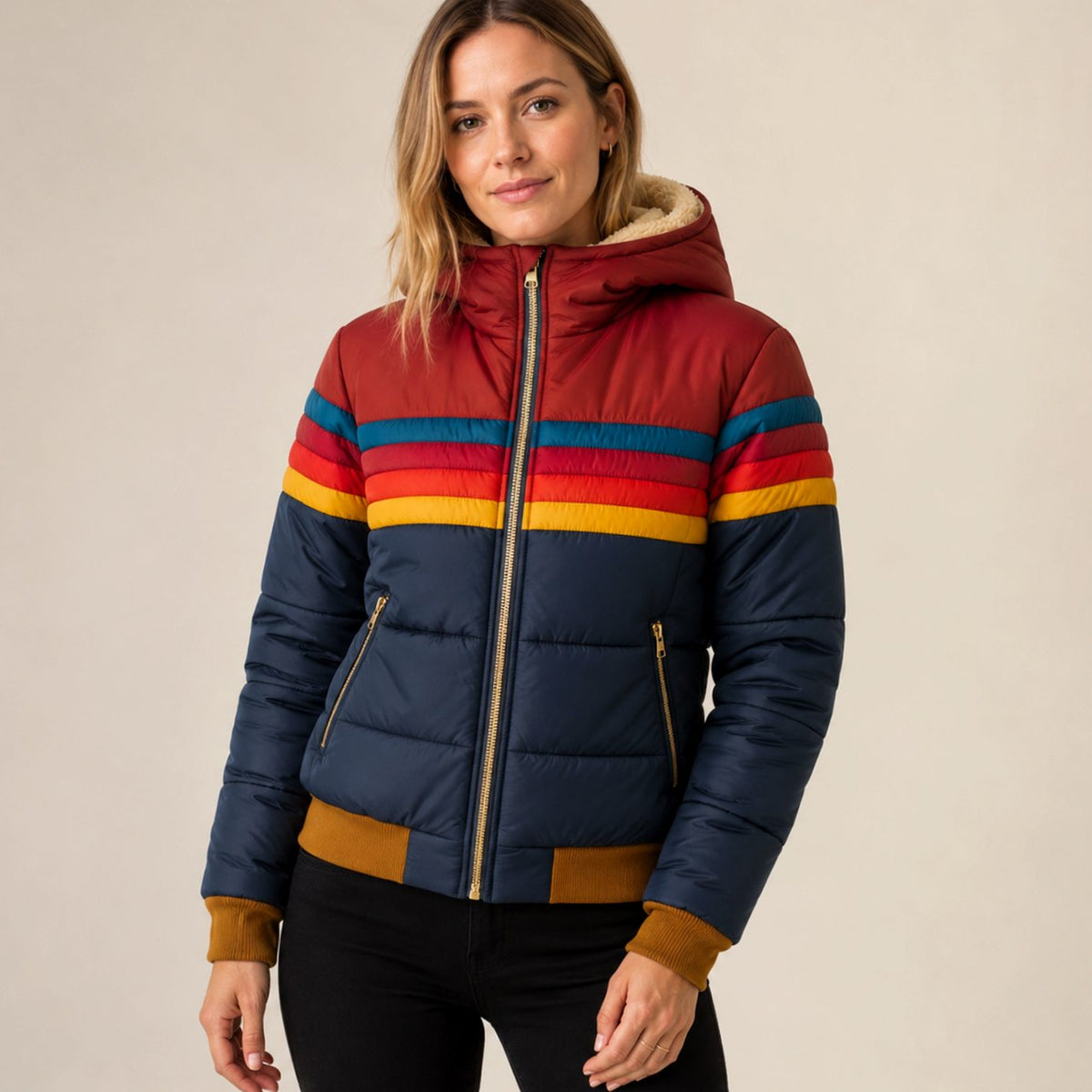 Madison | Women's Waterproof Insulated Hooded Puffer Jacket Rainbow Stripe