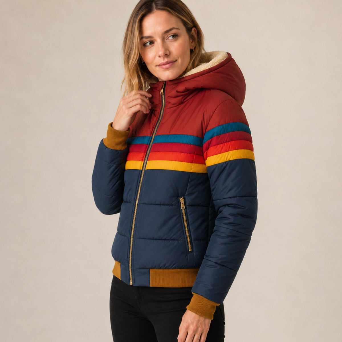 Madison | Women's Waterproof Insulated Hooded Puffer Jacket Rainbow Stripe