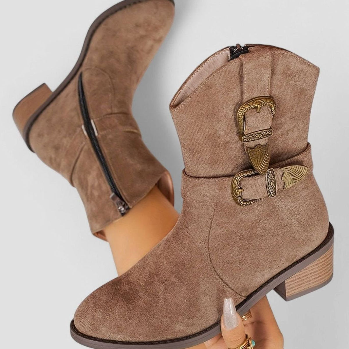 Aria | Women's Western Buckle Detail Block Heel Ankle Boots