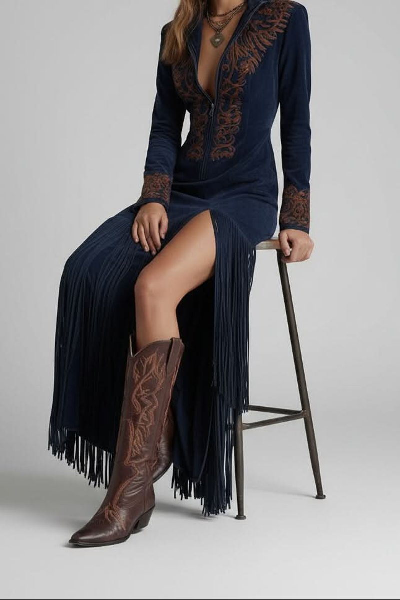 Aria | Women's Western Embroidered Fringe Long Sleeve Evening Gown Maxi Dress