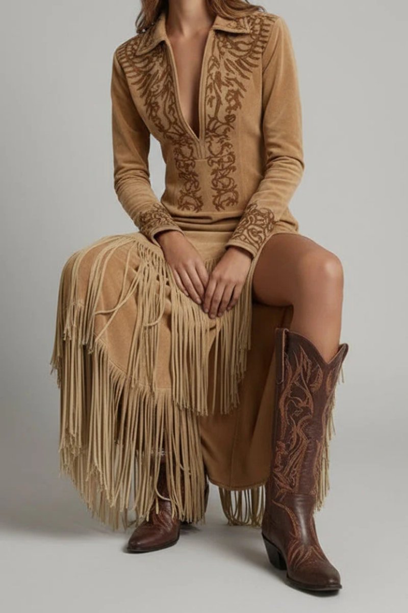 Aria | Women's Western Embroidered Fringe Long Sleeve Evening Gown Maxi Dress
