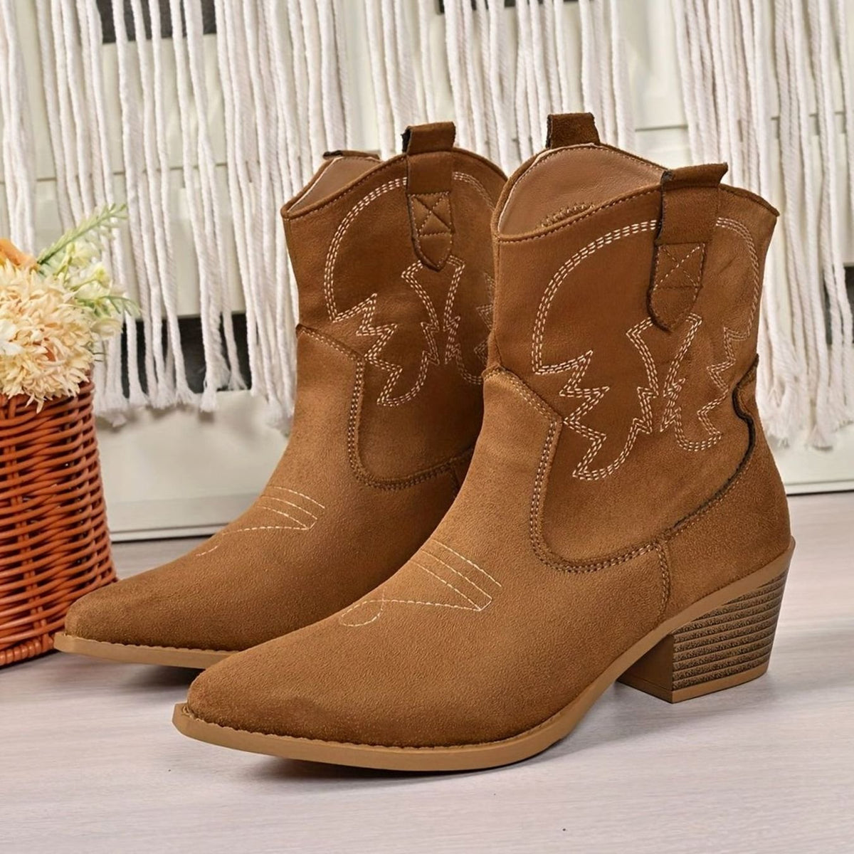 Penelope | Women's Wide-Calf Embroidered Slip-On Western Cowboy Booties